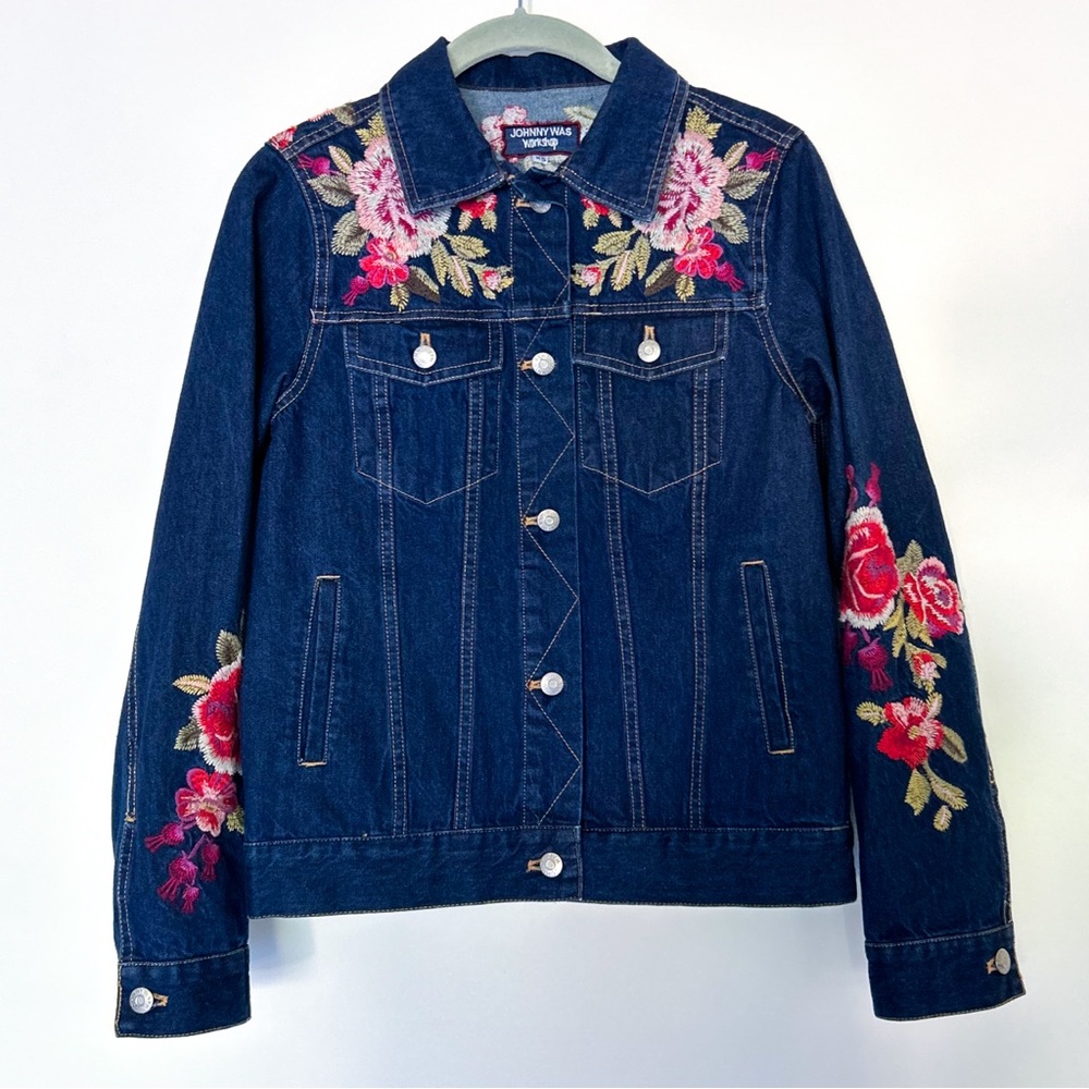 Johnny Was Desi Rose Floral Embroidered Blue Denim Button Jacket - Picture 2 of 7